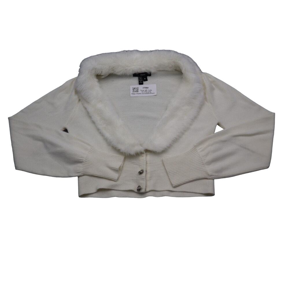 Takara Sweater Womens M White Long Sleeve Faux Fur Collar Button Cardigan